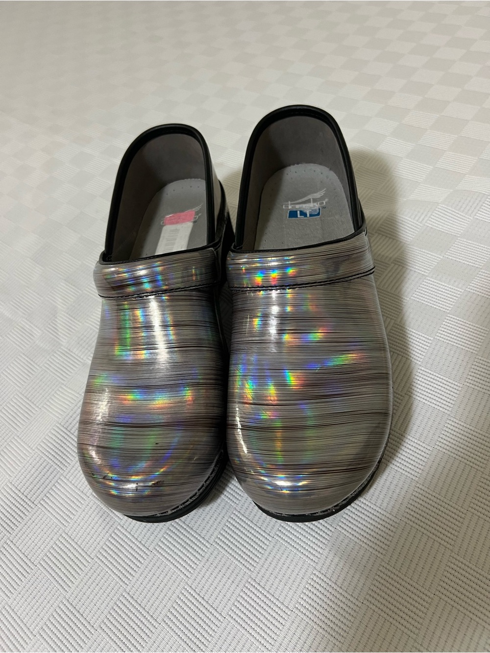 Dansko Iridescent Metallic Gray Low Heel Clogs